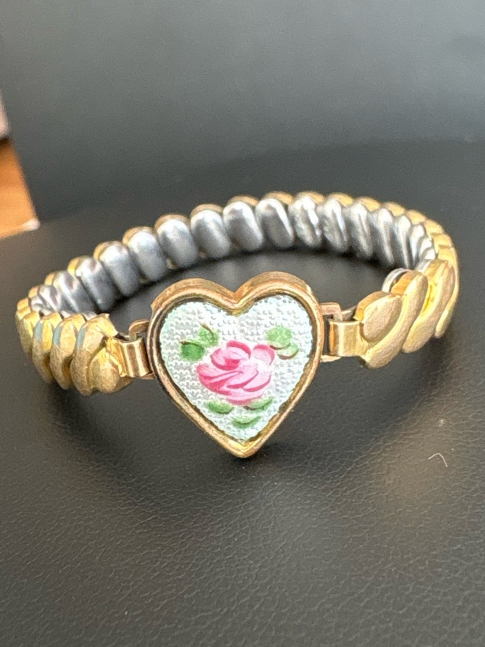 Vintage 10K Gold Filled Baby Bracelet sweet Heart Rose Stretch Child 1950s